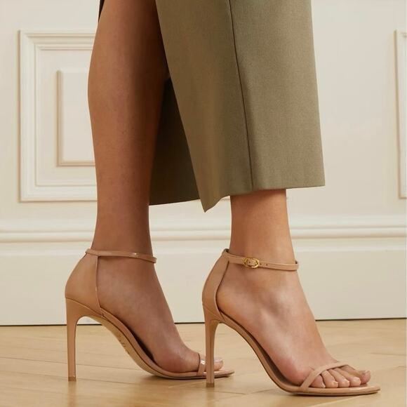 Stuart Weitzman Nudist 100mm Sandal Size 7 Adobe Beige Nude Patent Leather Heels - Picture 1 of 14
